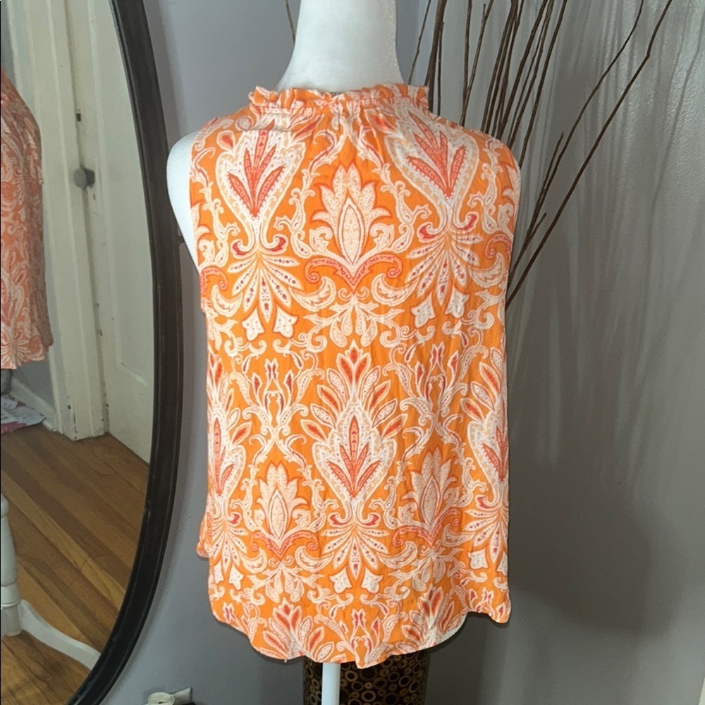 3x20 LOFT Orange and White Sleeveless Ruffled Tie Front Blouse - Picture 7 of 9